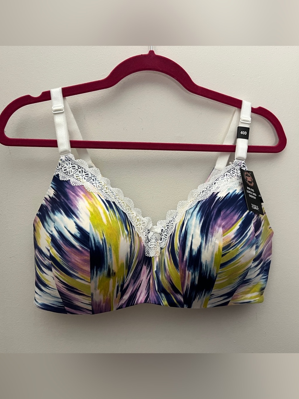 torrid Multicolor Abstract Lace-Trim back smoothing Wireless Bra 40D NWT